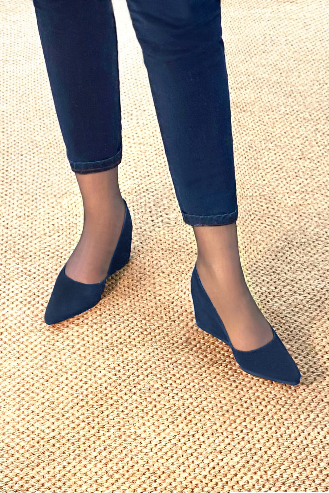 Navy blue women's dress pumps,with a square neckline. Tapered toe. Medium wedge heels. Worn view - Florence KOOIJMAN